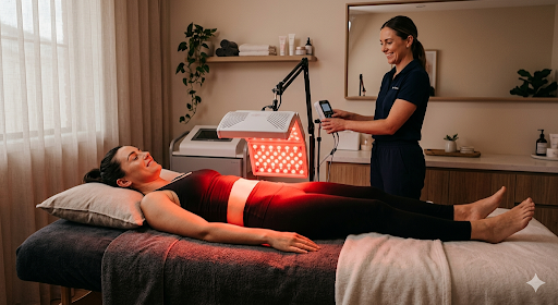 Woman undergoing a red light body contouring treatment to target stubborn belly fat.