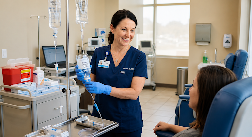  Nurse preparing NAD+ IV therapy at a clinic in Amarillo